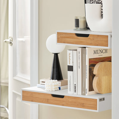 SoBuy FRG92-WNx2 Lot de 2 Étagères Murales Flottantes avec Tiroir, Étagère Murale Moderne pour Entrée, Salon, Cuisine ou Chambre, Blanc & Nature 40×24×8 cm