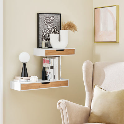 SoBuy FRG92-WNx2 Lot de 2 Étagères Murales Flottantes avec Tiroir, Étagère Murale Moderne pour Entrée, Salon, Cuisine ou Chambre, Blanc & Nature 40×24×8 cm