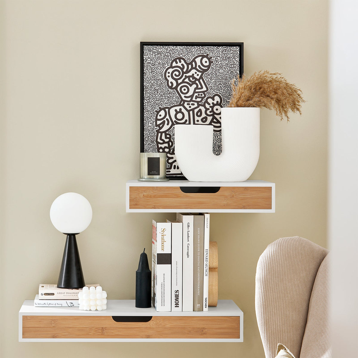 SoBuy FRG92-WNx2 Lot de 2 Étagères Murales Flottantes avec Tiroir, Étagère Murale Moderne pour Entrée, Salon, Cuisine ou Chambre, Blanc & Nature 40×24×8 cm