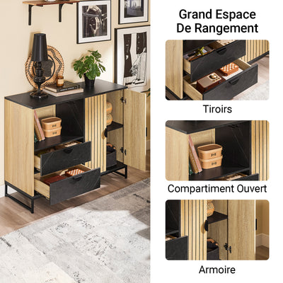 SoBuy FSB103-N Buffet Cuisine avec Niche Micro-Ondes et Étagère Réglable – L107 × P40 × H85 cm, Chêne / Noir