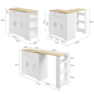 SoBuy FSB110-WN Îlot Central de Cuisine Scandinave avec Tiroir Compartimenté – Plan de Travail Extensible Rabattable, 3 Portes et 2 Étagères – 104×40×89 cm, Charge 100 kg