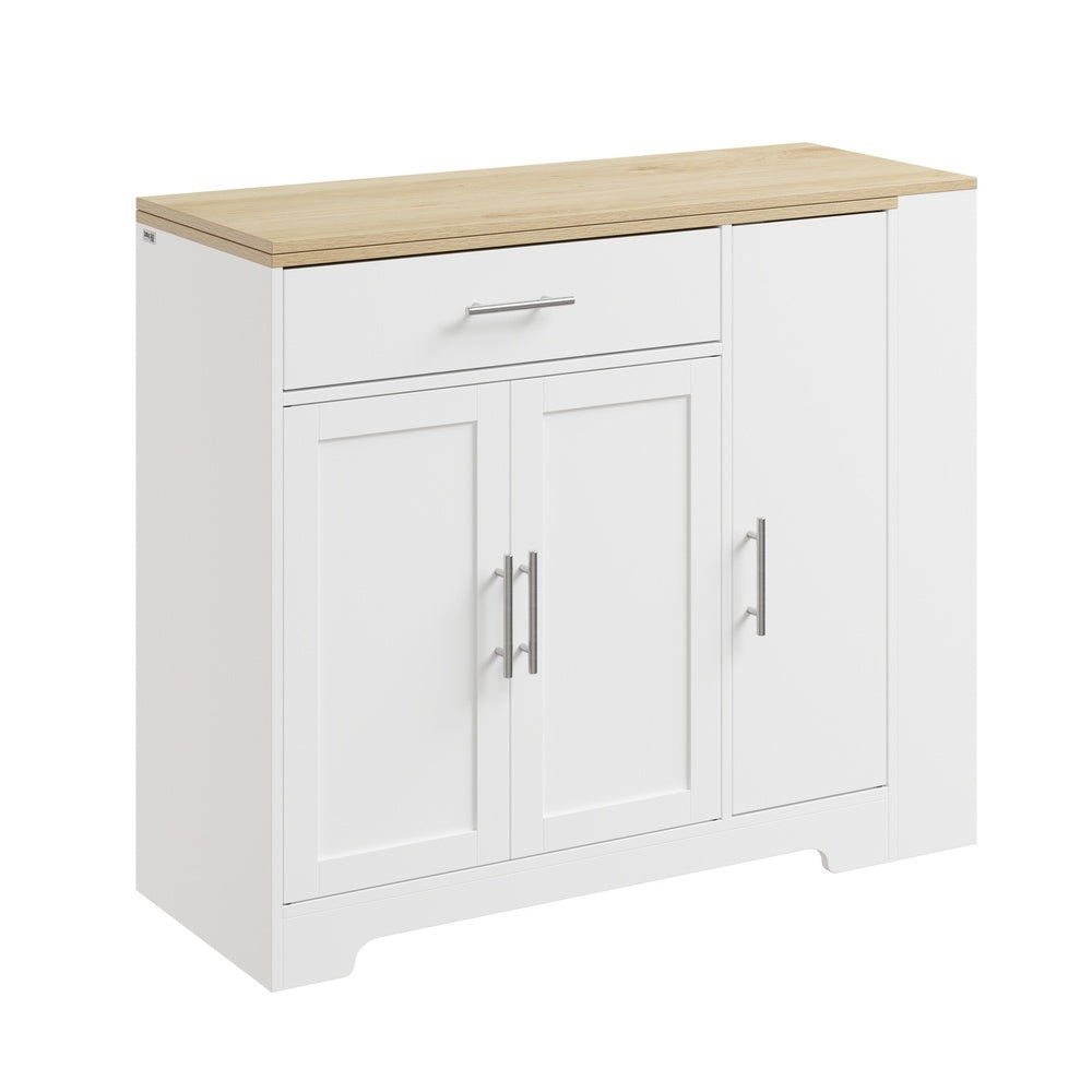 SoBuy FSB110-WN Îlot Central de Cuisine Scandinave avec Tiroir Compartimenté – Plan de Travail Extensible Rabattable, 3 Portes et 2 Étagères – 104×40×89 cm, Charge 100 kg