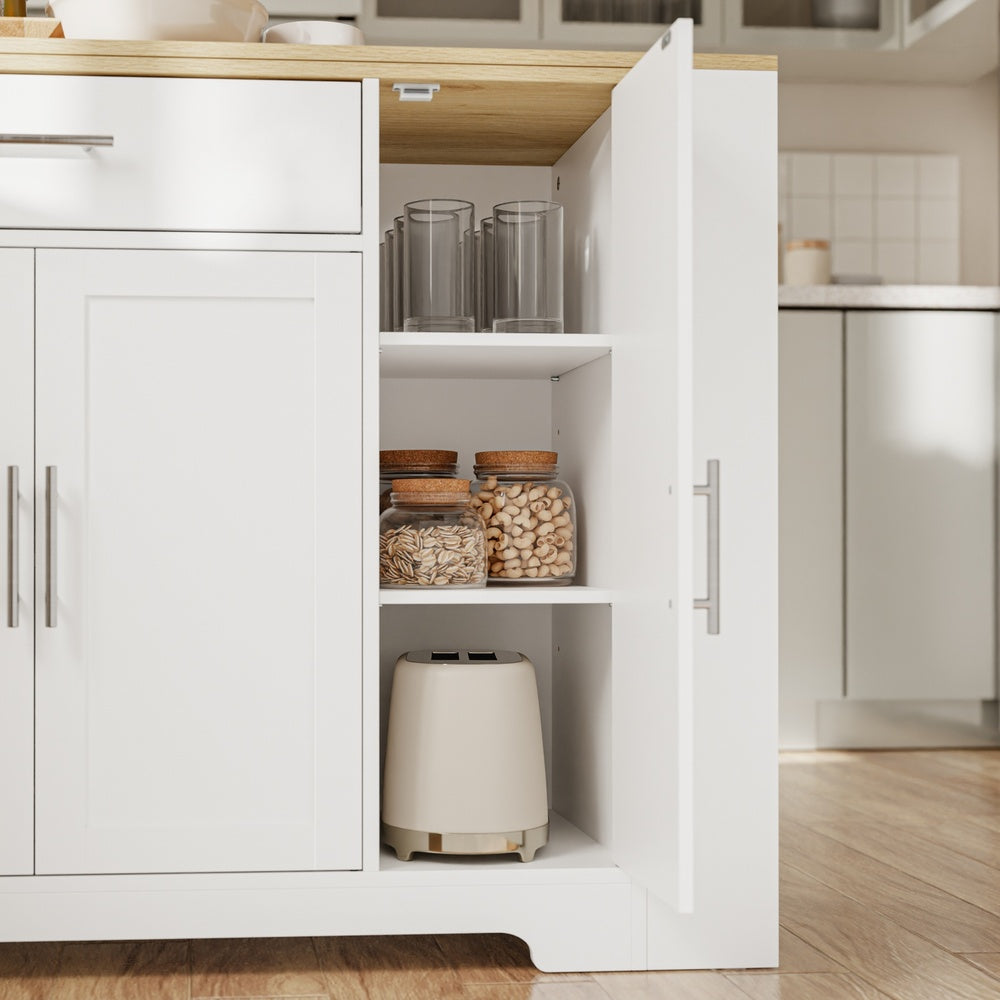 SoBuy FSB110-WN Îlot Central de Cuisine Scandinave avec Tiroir Compartimenté – Plan de Travail Extensible Rabattable, 3 Portes et 2 Étagères – 104×40×89 cm, Charge 100 kg