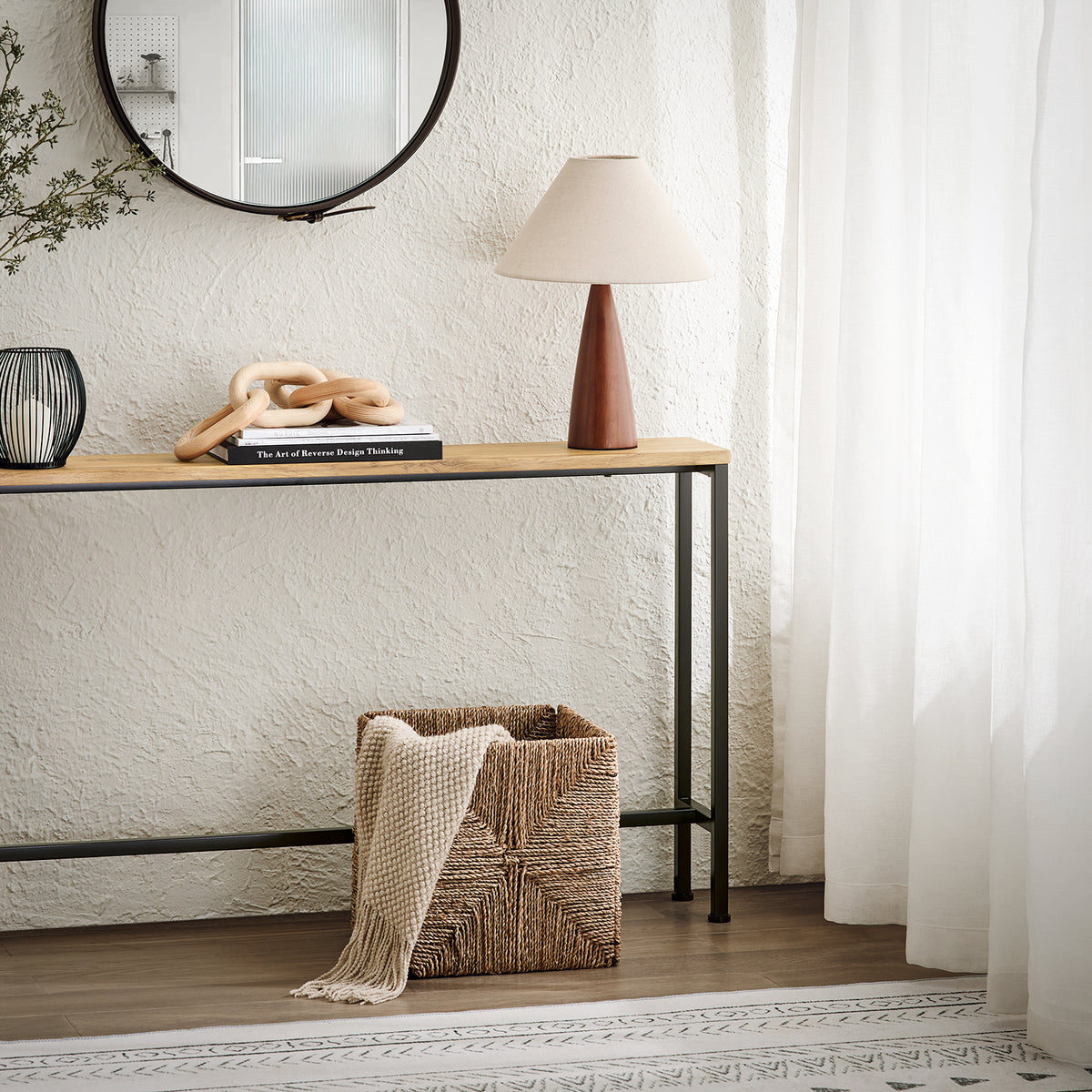 SoBuy FSB19-E Console d’Entrée Design Fonctionnel et Gain de Place, Design Moderne, Structure Robuste, Usage Quotidien – L120×P20×H65 cm, Métal, Naturel et Noir