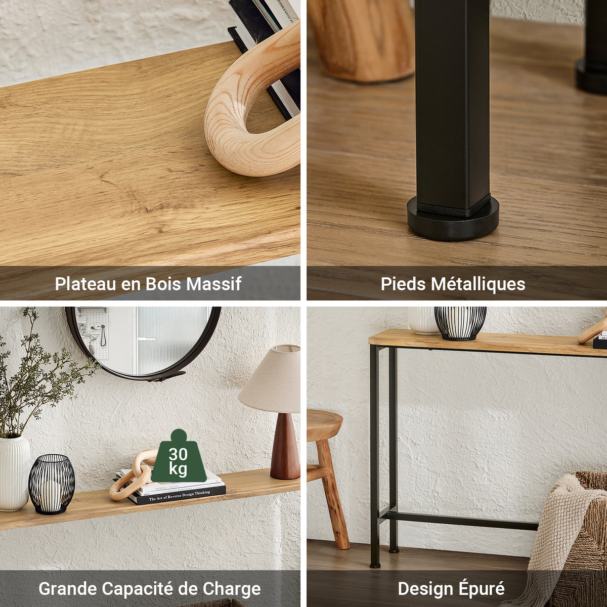 SoBuy FSB19-E Console d’Entrée Design Fonctionnel et Gain de Place, Design Moderne, Structure Robuste, Usage Quotidien – L120×P20×H65 cm, Métal, Naturel et Noir