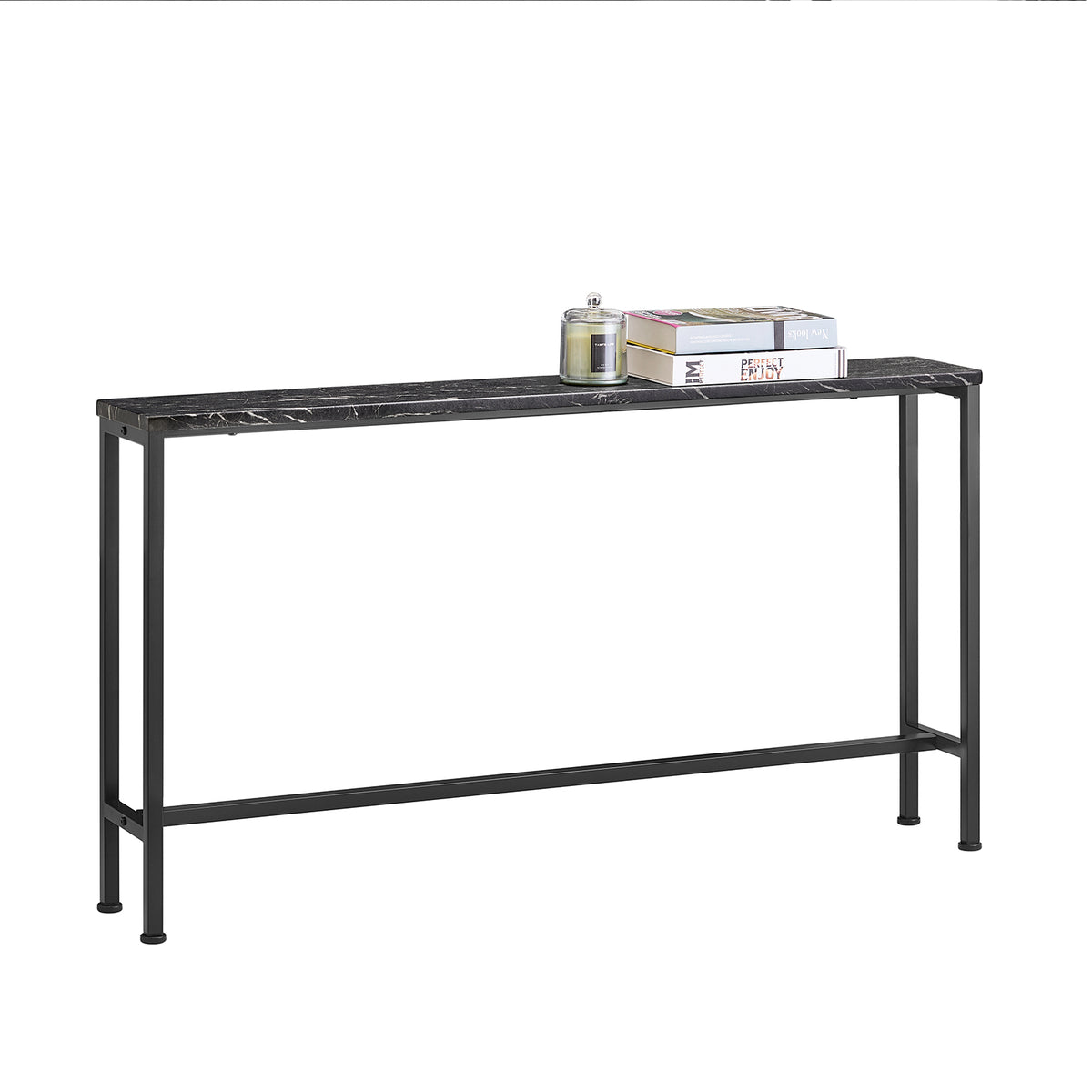 SoBuy FSB19-SCH Console Entrée Meuble Couloir Étagère Arrière Canapé – Plateau Effet Marbre Noir et Pieds Métal – Style Indus