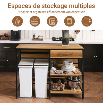SoBuy FSB71-PF Îlot de Cuisine 120 × 45 × 90 cm, Tiroir, 2 Étagères et Espace Ouvert – Effet Bois et Métal Noir