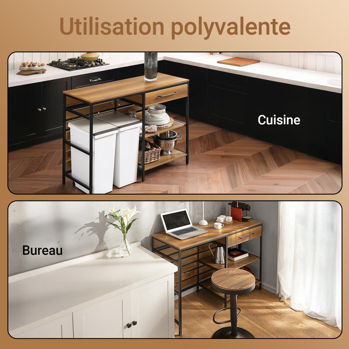 SoBuy FSB71-PF Îlot de Cuisine 120 × 45 × 90 cm, Tiroir, 2 Étagères et Espace Ouvert – Effet Bois et Métal Noir