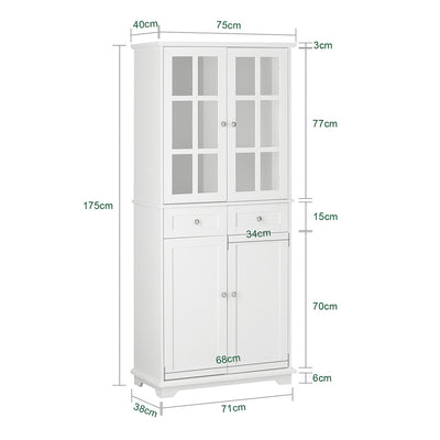 SoBuy FSB76-W Buffet Haut avec 2 Portes Vitrées, 2 Portes et 2 Tiroirs – L75×P40×H175 cm, Charge 100 kg, MDF E1, Blanc
