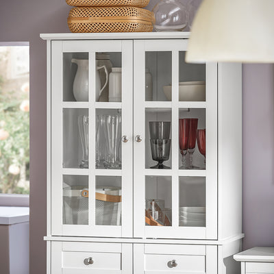 SoBuy FSB76-W Buffet Haut avec 2 Portes Vitrées, 2 Portes et 2 Tiroirs – L75×P40×H175 cm, Charge 100 kg, MDF E1, Blanc