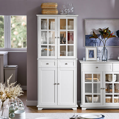 SoBuy FSB76-W Buffet Haut avec 2 Portes Vitrées, 2 Portes et 2 Tiroirs – L75×P40×H175 cm, Charge 100 kg, MDF E1, Blanc