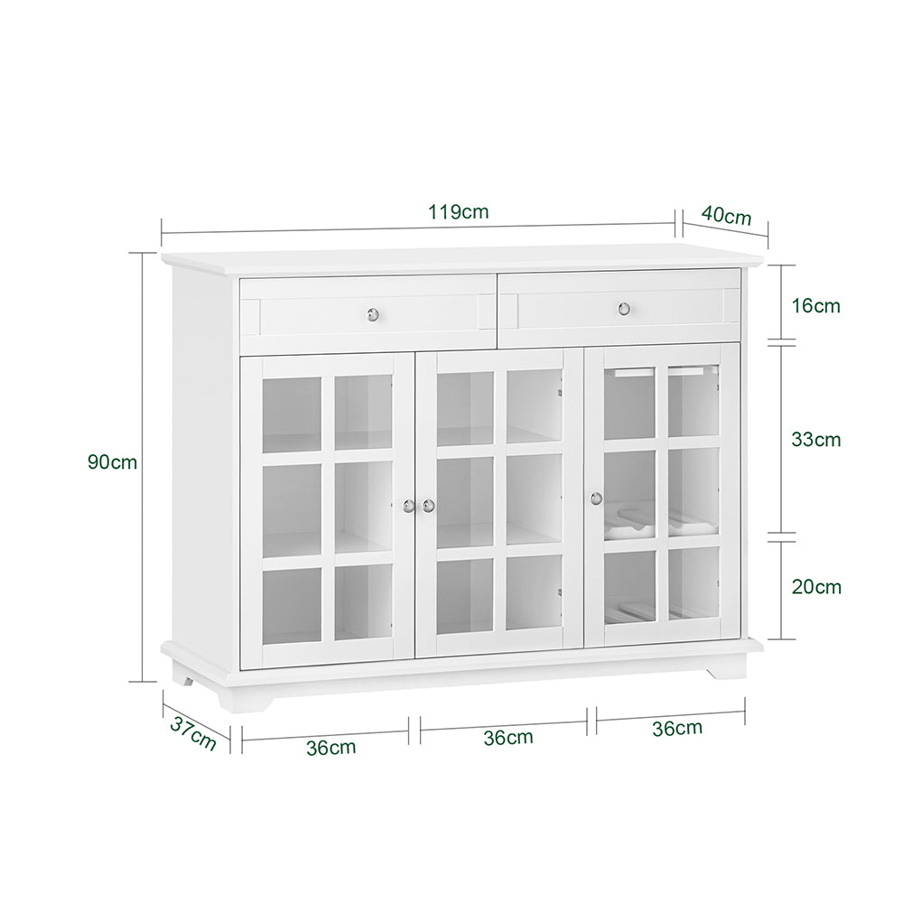 SoBuy FSB77-W Buffet Cuisine avec 3 Portes Vitrées et 2 Tiroirs, pour Cuisine et Salle à Manger, Rangement Optimisé, Design Fonctionnel – L119×P40×H90 cm, Blanc