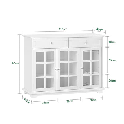 SoBuy FSB77-W Buffet Cuisine avec 3 Portes Vitrées et 2 Tiroirs, pour Cuisine et Salle à Manger, Rangement Optimisé, Design Fonctionnel – L119×P40×H90 cm, Blanc