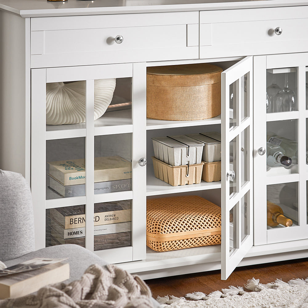 SoBuy FSB77-W Buffet Cuisine avec 3 Portes Vitrées et 2 Tiroirs, pour Cuisine et Salle à Manger, Rangement Optimisé, Design Fonctionnel – L119×P40×H90 cm, Blanc