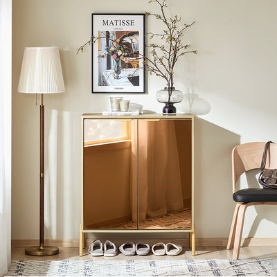 SoBuy FSB96-G Armoire à Chaussures avec 2 Portes Effet Miroir et 5 Compartiments – L83×P38×H100 cm, Charge 80 kg, Finition Dorée