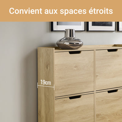 SoBuy FSR100-N Armoire à chaussures ultra-slim 19 cm – 4 abattants, 8 à 12 paires, anti-basculement, Naturel, 100×19×91 cm