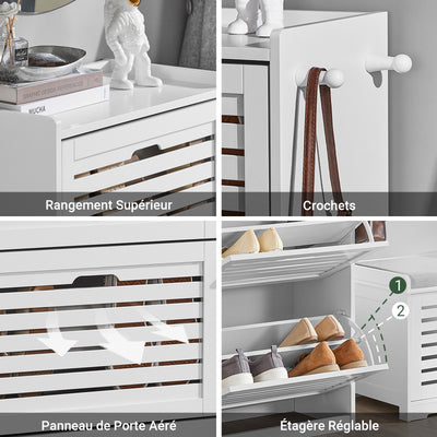 SoBuy FSR108-W Armoire à Chaussures 3 Abattants avec 2 Crochets et Porte-Manteau – 55×30×112 cm, 45 kg, MDF + Bambou, Blanc