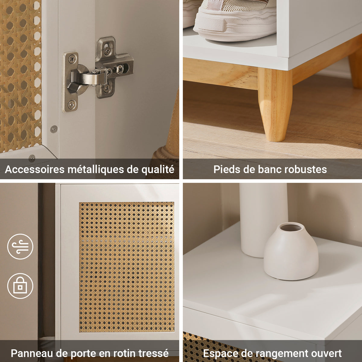 Banc à chaussures SoBuy FSR128-W – fonctionnalités du tiroir et porte à treillis