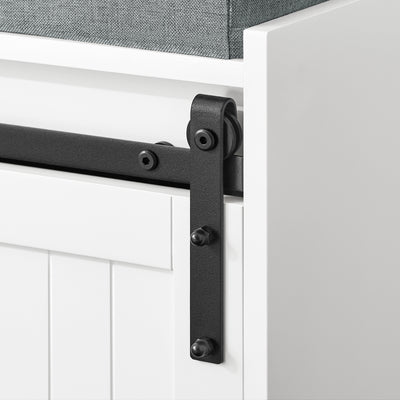 SoBuy FSR133-K-W Banc à Chaussures avec Coussin Rembourré, Porte de Grange Coulissante, 6 Compartiments Réglables, Charge 200 kg – 90x35x46 cm, Blanc
