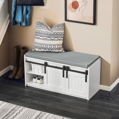 SoBuy FSR133-K-W Banc à Chaussures avec Coussin Rembourré, Porte de Grange Coulissante, 6 Compartiments Réglables, Charge 200 kg – 90x35x46 cm, Blanc
