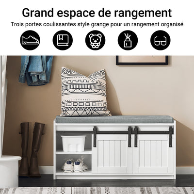 SoBuy FSR133-K-W Banc à Chaussures avec Coussin Rembourré, Porte de Grange Coulissante, 6 Compartiments Réglables, Charge 200 kg – 90x35x46 cm, Blanc