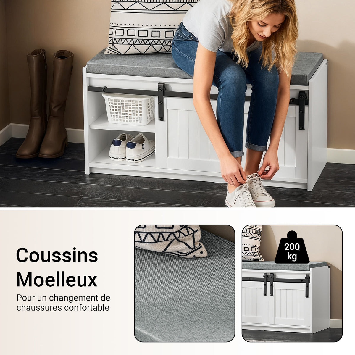 SoBuy FSR133-K-W Banc à Chaussures avec Coussin Rembourré, Porte de Grange Coulissante, 6 Compartiments Réglables, Charge 200 kg – 90x35x46 cm, Blanc