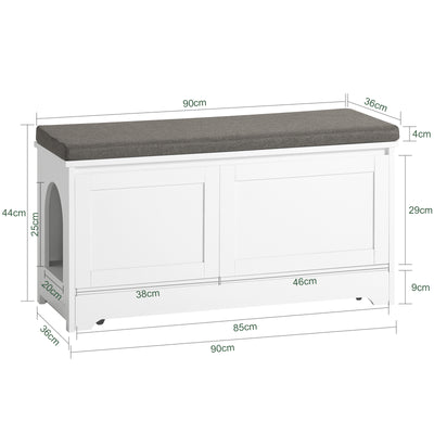SoBuy FSR136-W Banc à Chaussures avec Coussin Rembourré, 2 Portes et Maison pour Chat Intégrée pour Entrée – 90x36x44 cm, Blanc