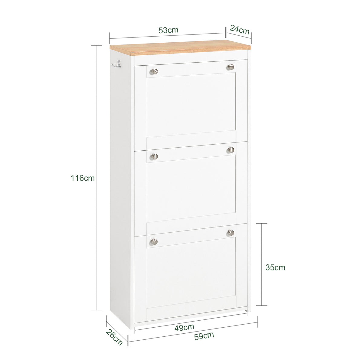 SoBuy FSR144-WN Armoire à Chaussures avec 3 Abattants et 2 Crochets – L59×P26×H116 cm, Charge 30 kg, Blanc et Naturel