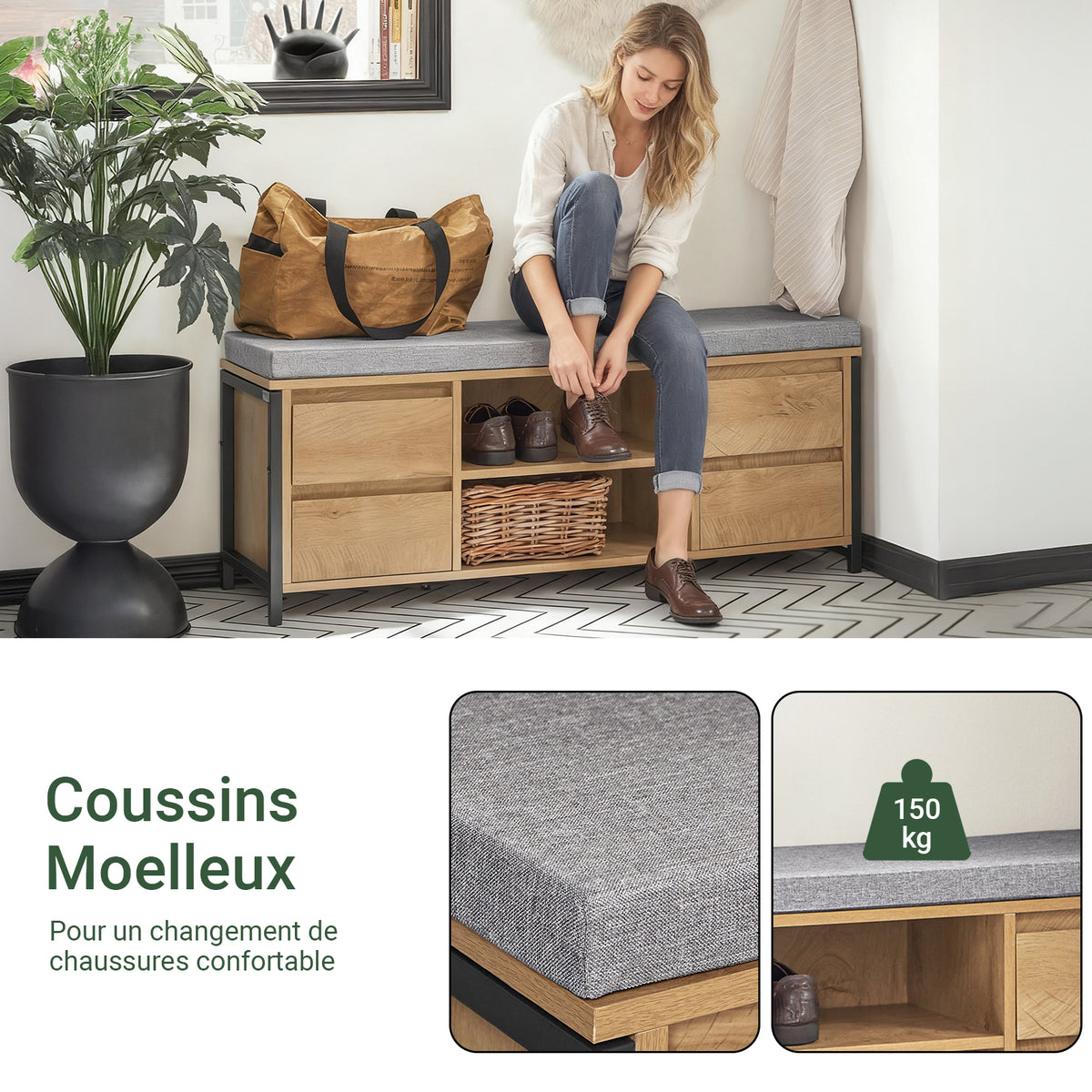 SoBuy FSR149-N Banc à Chaussures avec Coussin Rembourré et Tiroirs, Meuble d'Entrée – 110x35x45 cm, Naturel