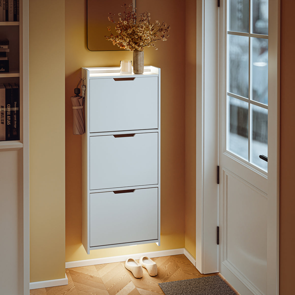 SoBuy FSR151-H-E-W Armoire à Chaussures Ultra-Slim 19 cm – 3 Abattants – Entrée Gain de Place – Blanc avec LED