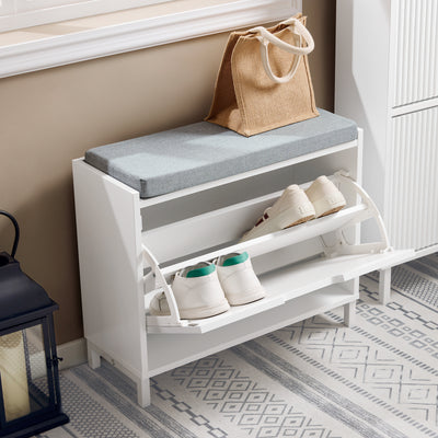 SoBuy FSR151-K-W Banc à Chaussures avec Coussin Rembourré et 1 Abattant, Slim 24cm pour Entrée – 60x24x52 cm, Blanc