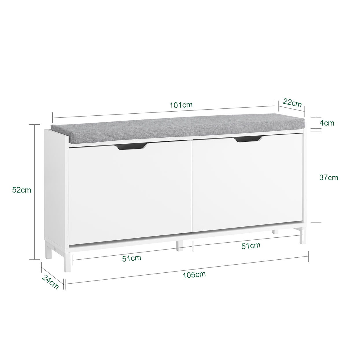 SoBuy FSR151-L-W Banc à Chaussures avec 4 Compartiments et Coussin Confortable, pour Entrée et Couloir, Compact – L105×P24×H52 cm, Charge 250 kg, Bois, Blanc