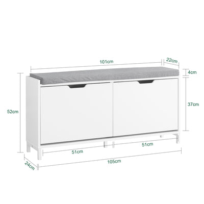 SoBuy FSR151-L-W Banc à Chaussures avec 4 Compartiments et Coussin Confortable, pour Entrée et Couloir, Compact – L105×P24×H52 cm, Charge 250 kg, Bois, Blanc