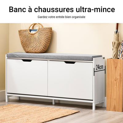 SoBuy FSR151-L-W Banc à Chaussures avec 4 Compartiments et Coussin Confortable, pour Entrée et Couloir, Compact – L105×P24×H52 cm, Charge 250 kg, Bois, Blanc