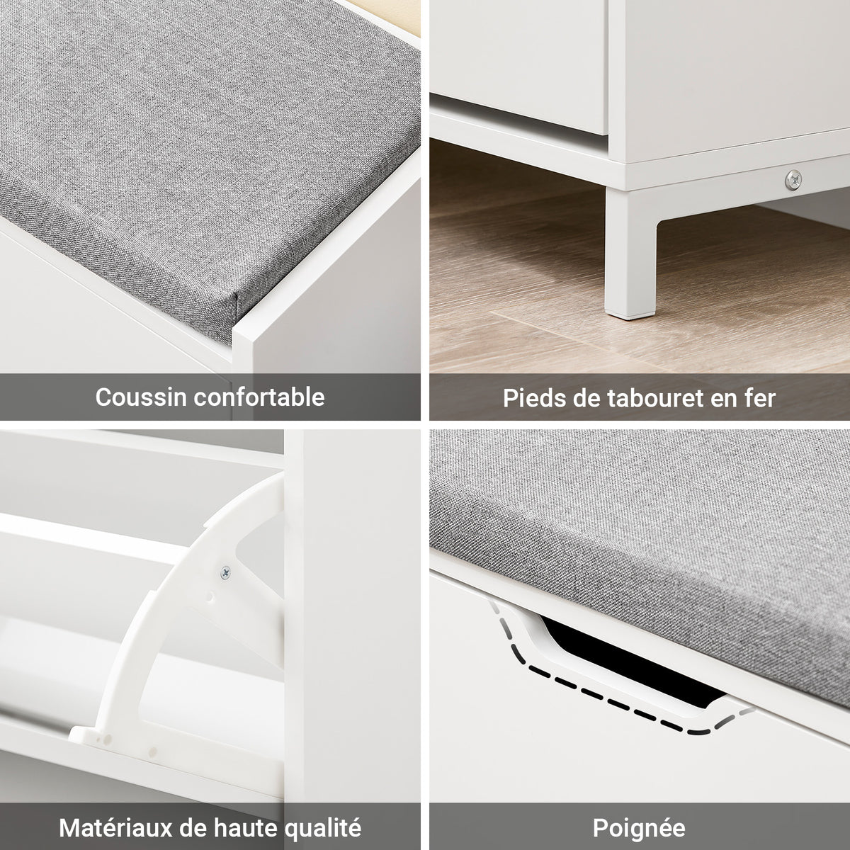 SoBuy FSR151-L-W Banc à Chaussures avec 4 Compartiments et Coussin Confortable, pour Entrée et Couloir, Compact – L105×P24×H52 cm, Charge 250 kg, Bois, Blanc