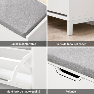 SoBuy FSR151-L-W Banc à Chaussures avec 4 Compartiments et Coussin Confortable, pour Entrée et Couloir, Compact – L105×P24×H52 cm, Charge 250 kg, Bois, Blanc