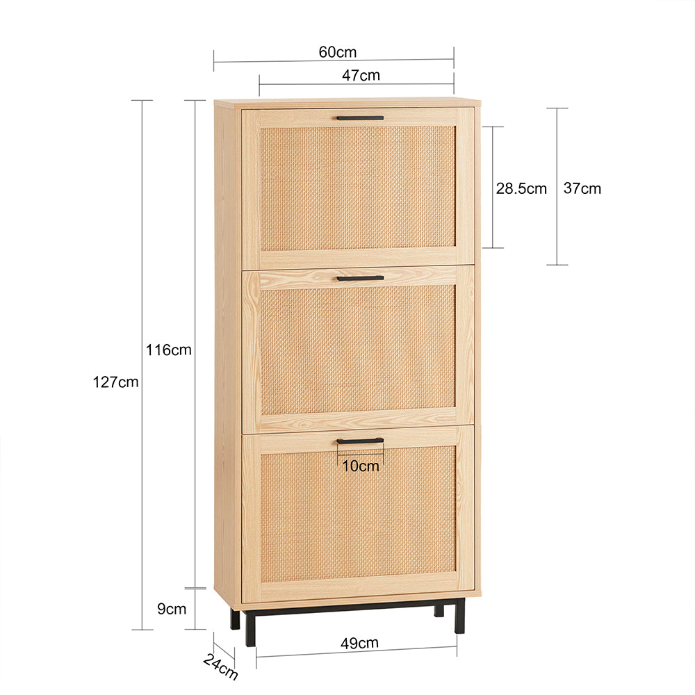SoBuy FSR155-N Armoire à Chaussures 3 Abattants Effet Cannage Rotin, Meuble d'Entrée Design – Naturel