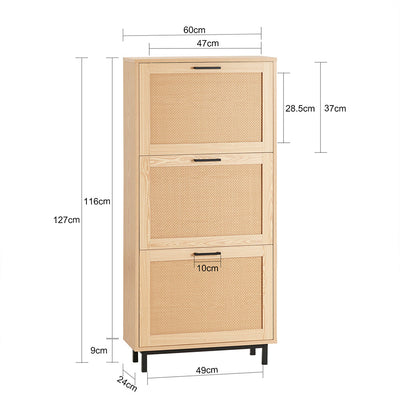 SoBuy FSR155-N Armoire à Chaussures 3 Abattants Effet Cannage Rotin, Meuble d'Entrée Design – Naturel