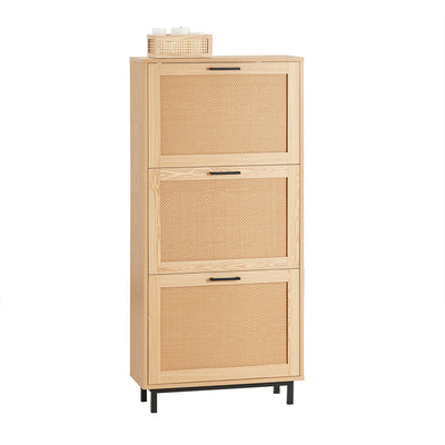 SoBuy FSR155-N Armoire à Chaussures 3 Abattants Effet Cannage Rotin, Meuble d'Entrée Design – Naturel