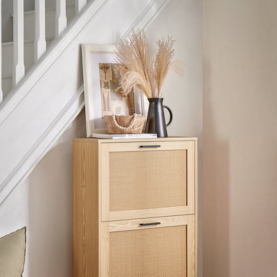 SoBuy FSR155-N Armoire à Chaussures 3 Abattants Effet Cannage Rotin, Meuble d'Entrée Design – Naturel