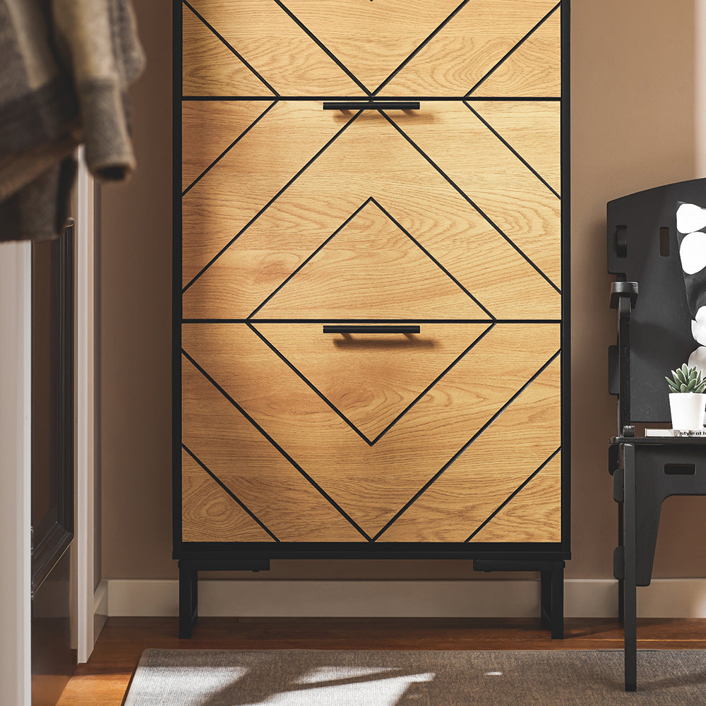 SoBuy FSR164-SCH Armoire à Chaussures 3 Abattants sur Pieds Métal – Motif Diamant, 24 cm de Profondeur – 62×24×125 cm, Noir et Bois