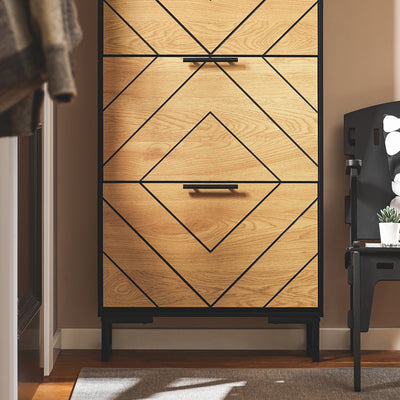 SoBuy FSR164-SCH Armoire à Chaussures 3 Abattants sur Pieds Métal – Motif Diamant, 24 cm de Profondeur – 62×24×125 cm, Noir et Bois