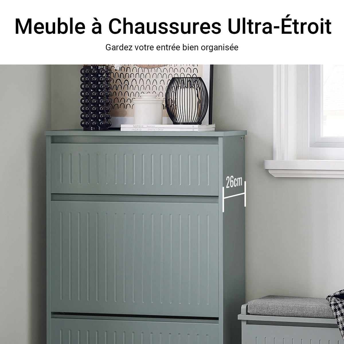 SoBuy FSR165-HG Armoire à Chaussures avec Coussin Rembourré, Coffre 2 Abattants, Capacité 30 kg pour Entrée – Gris