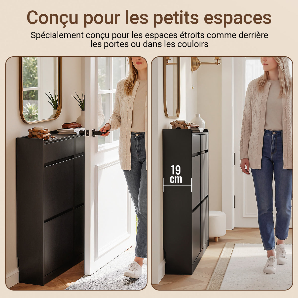 SoBuy FSR169-SCH Meuble à Chaussures Ultra-Slim 19 cm à Abattants – Rangement Discret – Noir