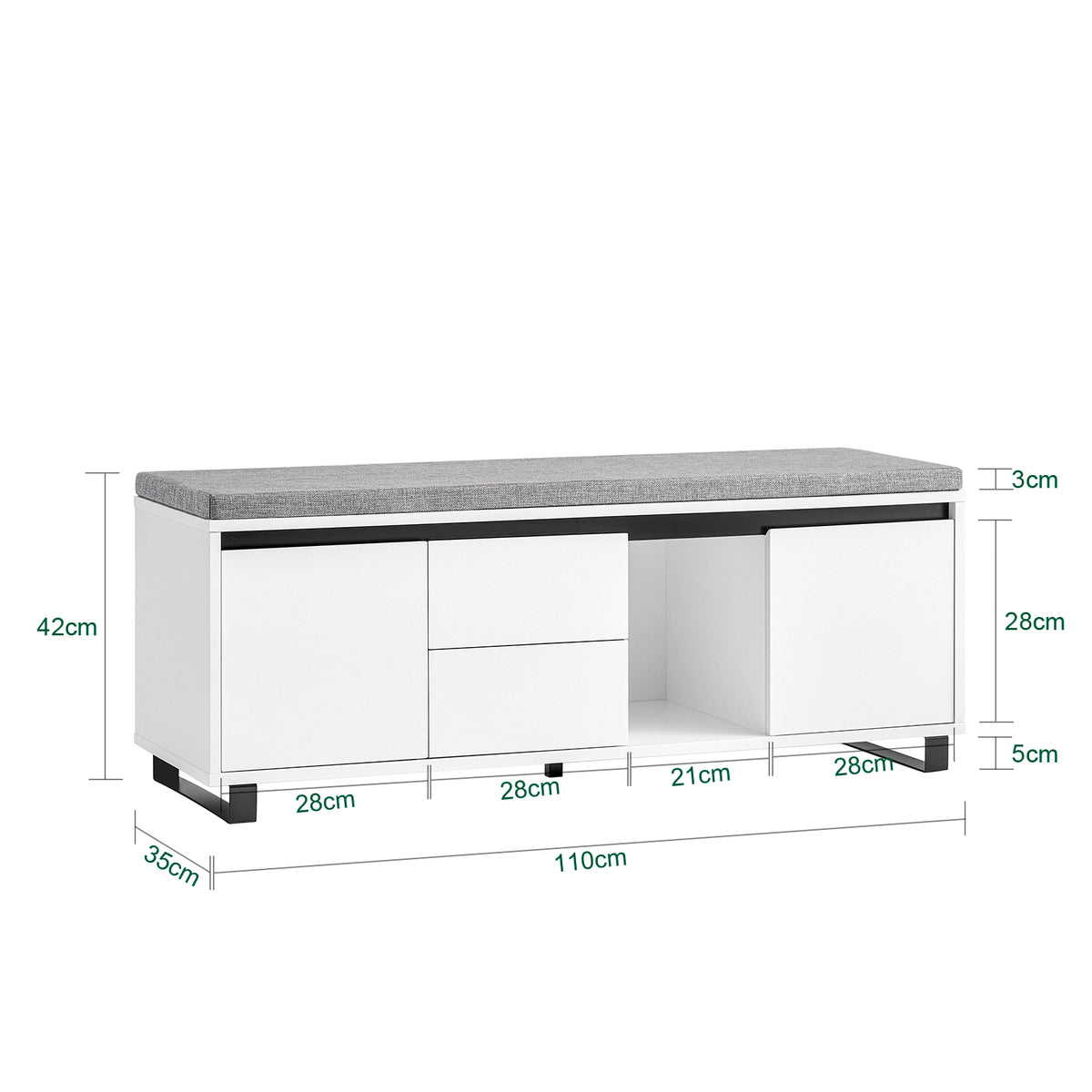 SoBuy FSR176-W Banc de Rangement, Banc à Chaussures, avec 1 Coussin Rembourré, 2 Tiroirs et 2 Portes pour Entrée