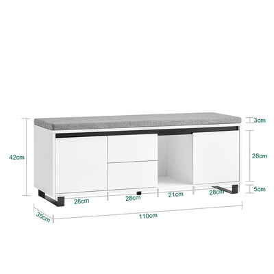 SoBuy FSR176-W Banc de Rangement, Banc à Chaussures, avec 1 Coussin Rembourré, 2 Tiroirs et 2 Portes pour Entrée