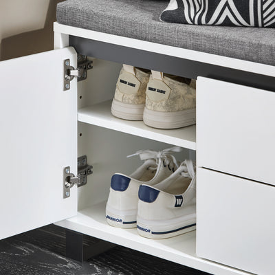 SoBuy FSR176-W Banc de Rangement, Banc à Chaussures, avec 1 Coussin Rembourré, 2 Tiroirs et 2 Portes pour Entrée