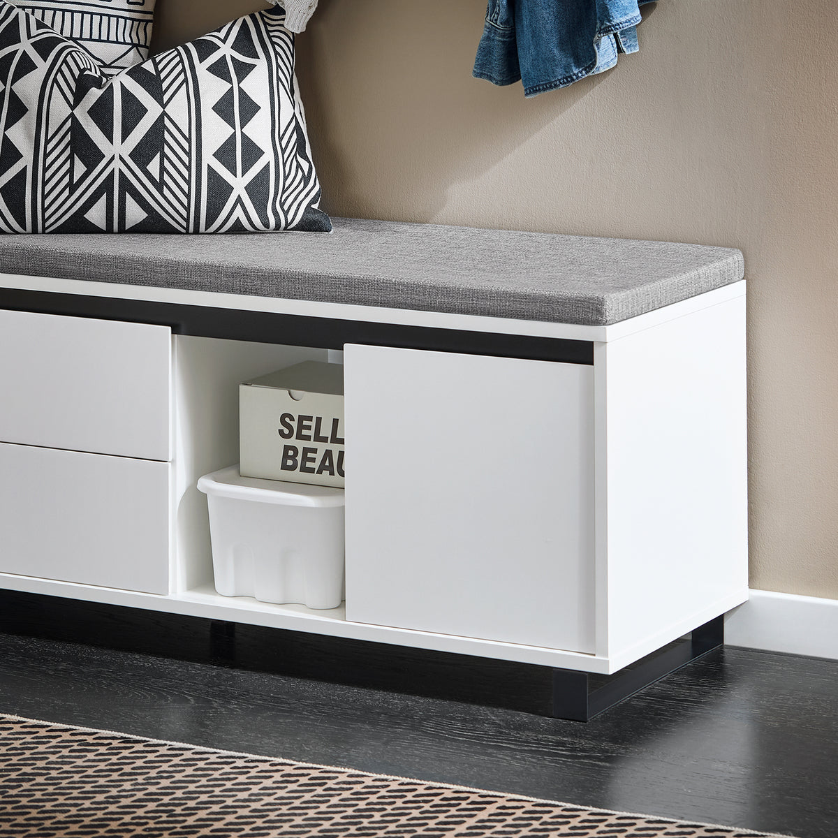 SoBuy FSR176-W Banc de Rangement, Banc à Chaussures, avec 1 Coussin Rembourré, 2 Tiroirs et 2 Portes pour Entrée