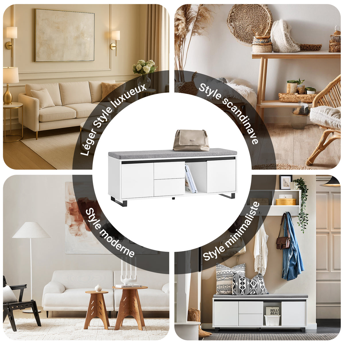 SoBuy FSR176-W Banc de Rangement, Banc à Chaussures, avec 1 Coussin Rembourré, 2 Tiroirs et 2 Portes pour Entrée