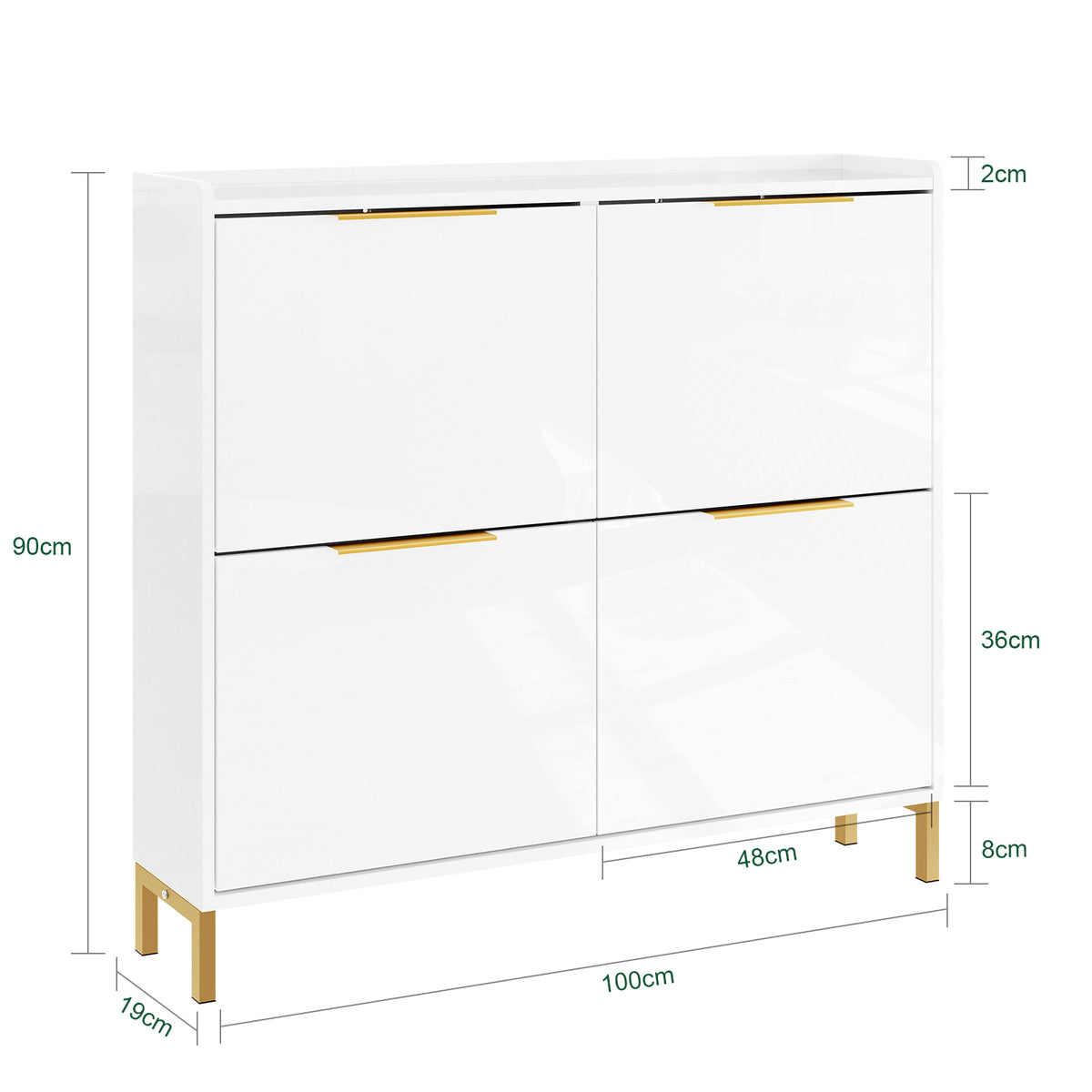 SoBuy FSR206-GW Meuble à Chaussures 100 × 19 × 90 cm, 4 Abattants – Blanc Brillant et Doré